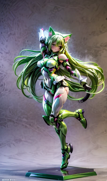 anime figure, figma,(detailed eyes))
1girl,((cat ears)),cat tail, ((long straight green hair:1.3)),big expressive neon green eyes,,expressive eyes,(((smile,blush wink))),(((full body:1.4))), ((mechanical full body suite, mecha)), feather robot wings,black kitten, cute, dynamic flirty pose, missiles on arms and shoulders, partial metal mask,standing on one leg looking at viewer ,shoulder trun to the viewer,black kitten sitting next to her, cute,flirty pose,AD ,decales,web AD
solo:1.5