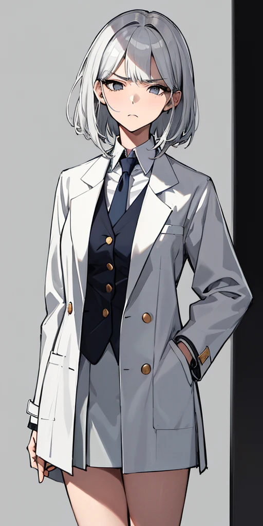 (absurdres, 8k, 4k, masterpiece, hyper extreme detailed:1.2), solo, 1girl, front view, perfect face, 1girl, portrait, perfect anatomy, cowboy shot, solo, standing, Female, Mature Female, short hair, white hair, white skirt, button shirt, white vest, gray tie, tired, fatigue, annoyed, dissatisfied, arms in front, holding phone in right hand, left hand on hip, bored, science, smart, genius, intelligent, scientist, lab_coat, white labcoat, swept bangs, bored, frown, gray eyes, silver eyes, lab background, room background, best anatomy, standing, half body, closed inner jacket, White Skirt, short