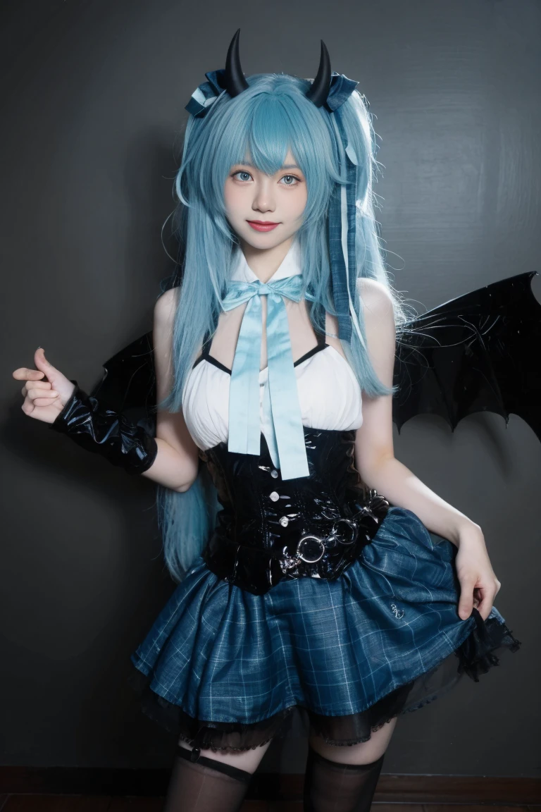best quality, tmasterpiece,Ultra-high resolution,Clear face,(Reality:1.4),ferpect lighting,(upper body shot:1.5), (photorealistic:1.50), anime wallpaper, Guviz style artwork, cover-up fantasy up to magic , by Yang J, Guviz, beautiful artwork illustration, beautiful digital artwork, beautiful digital illustration, Li Song, beautiful anime portrait, art style in Beauvot, 1girl, 独奏, looking at viewer, smile, standing, full body, arms at side, hatsune miku cosplay costume, hatsune miku, cosplay, aqua hair, very long hair, twintails, shirt, corset, skirt, plaid skirt, detached collar, detached sleeves, arm warmers, bowtie, bow, horns, demon horns, demon wings, demon tail, ribbon, o-ring, chain, thigh strap, hair ribbon, hair bow, thighhighs, torn thighhighs, knee boots, belt boots, platform boots, Curtain background, indoor,