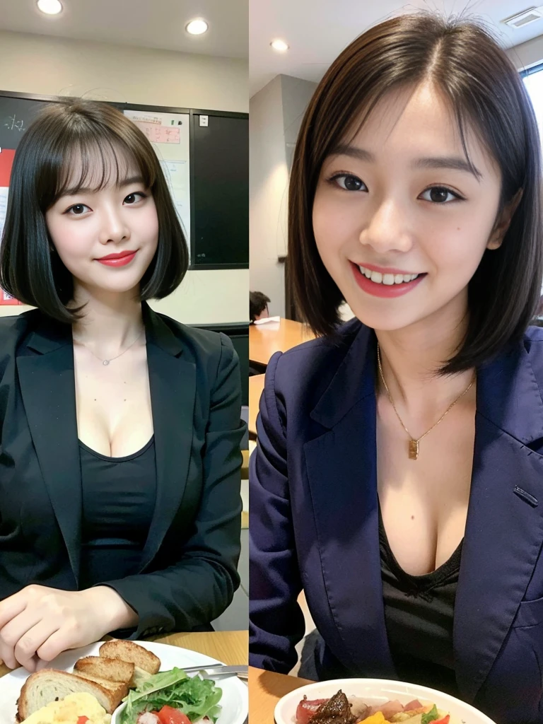 (A young and beautiful Korean female teacher dressed as a politician enjoys lunch with her grandpa:1.3)(A grinning look:1.2)(20-year-old:1.3)(Huge , There is cleavage in the chest:1.2),(Sweating profusely)(Huge boobs)(Elegant and shiny black bob cut:1.2))(8K, RAW Photos, Highest quality, masterpiece: 1.2),High-resolution RAW color photos, Professional photos, Very detailed and beautiful,(She&#39;s very skinny but has big breasts:1.4), Small face:1.Perfect Anatomical Body Proportions、(NSFW:1.1)(Huge breasts that make your clothes burst: 0.9) (huge breast :1.4)(Classy makeup,Eyeliner/Eyeshadow,lipstick,Fair skin,Beautiful Skin)(Full body photo:1.1)(Shiny Hair:1.3)(lipstick:1.2)(Too big earrings:1.2)(セクシーな韓国人older sister:1.2)(older sister:1.1))(family group photo:1.3)(Social gathering,Round-table discussion:1.2)