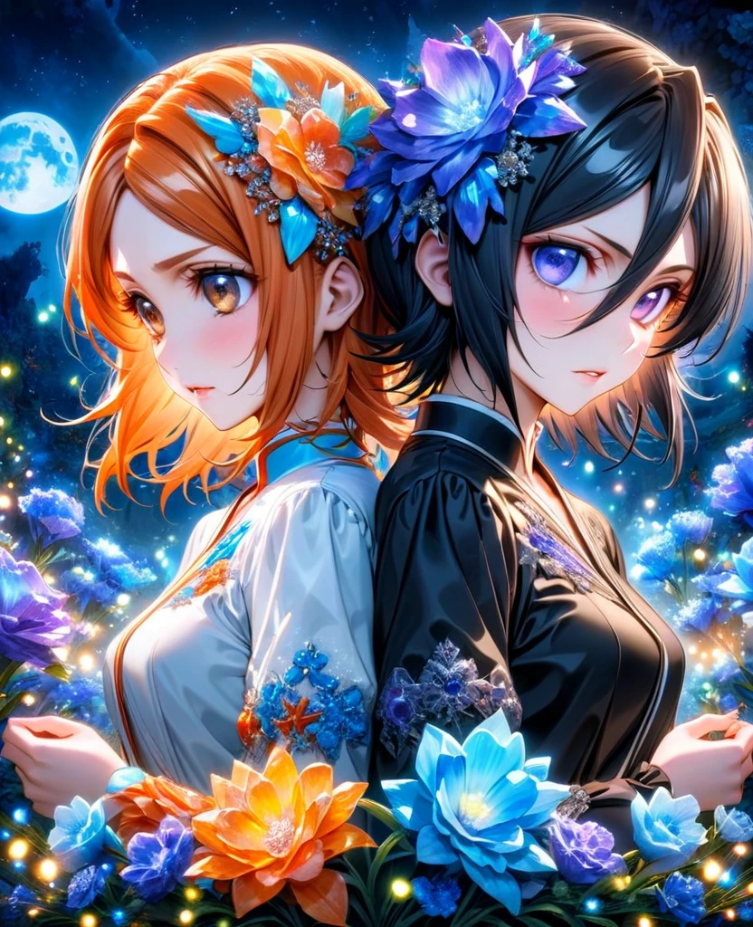 absurdres, highres, ultra detailed, HDR, masterpiece, Kuchiki Rukia, black hair, expressive purple eyes, Bleach, Inoue Orihime, orange hair, expressive brown eyes, two women together, beautiful, black clothes, white clothes, magical, fantasy, blue moon, starry, blue fireflies, blue flowers