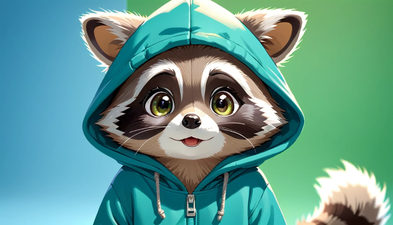raccoon　A-I-U-E-O mouth shape５Close-up of the face of a species、Warm brown、Japanese animation style、　cute、Standing posture、Bipedal、The fur is fluffy、Background Green Screen、Wearing a large blue hoodie、