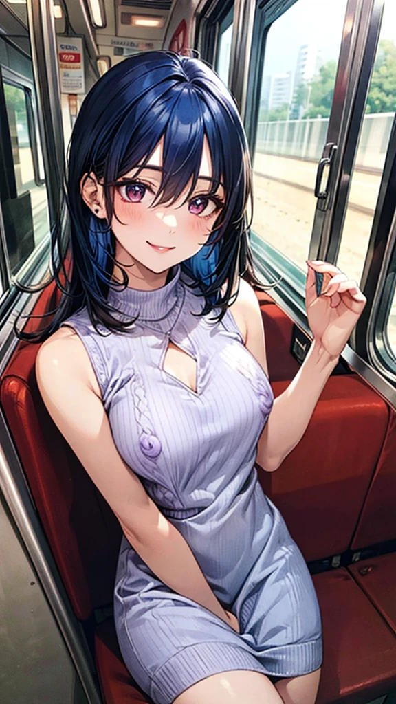 ((Highest quality)), ((High resolution)), ((masterpiece)), (detailed), 
View your audience, Written boundary depth, Anatomically correct, One mature woman, Perfect Face, Cute and symmetrical face, Shiny skin, 
(Medium Hair, Blue Hair), Hair between the eyes, Chestnut brown eyes, Long eyelashes, (Big Breasts:0.9), 
Beautiful Hair, Beautiful Face, Beautiful details, Beautiful clavicle, Beautiful body, Beautiful breasts, Beautiful thighs, Beautiful feet,
(Sleeveless knit dress, See-through, Purple Bolero), See-through nipples, (Cute Smile), Beautiful views, I'm on the train, 