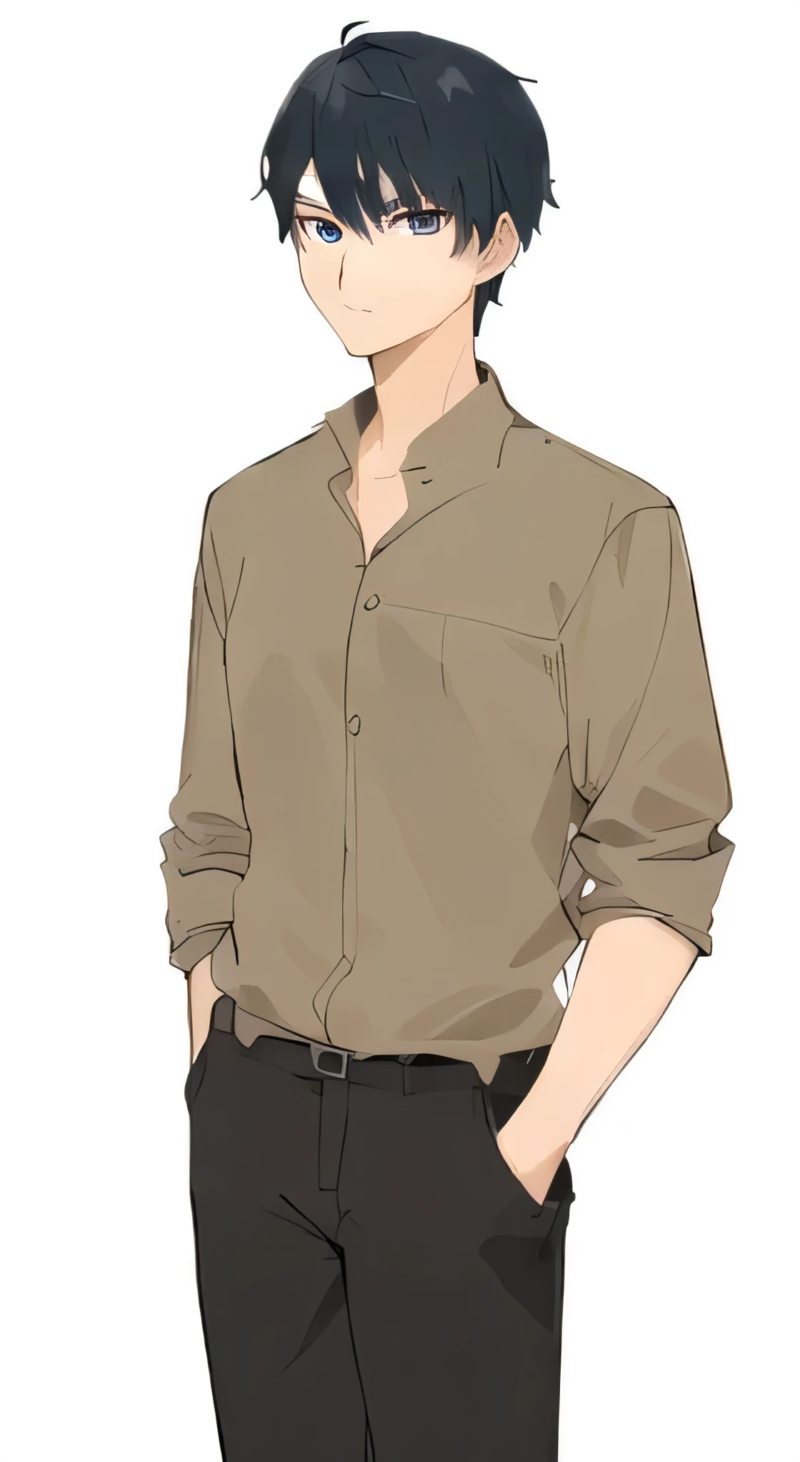Cartoon of a man wearing a shirt and pants, Wearing a shirt, Wear a light shirt, Cool anime poses, Wear casual clothing, Wear casual clothing, Brown shirt, Young anime man, Wearing a shirt, Wear a beige shirt, wikihow illustrations, male anime character, Anime handsome man，Thick eyebrows，Serious expression，Dark blue eyes