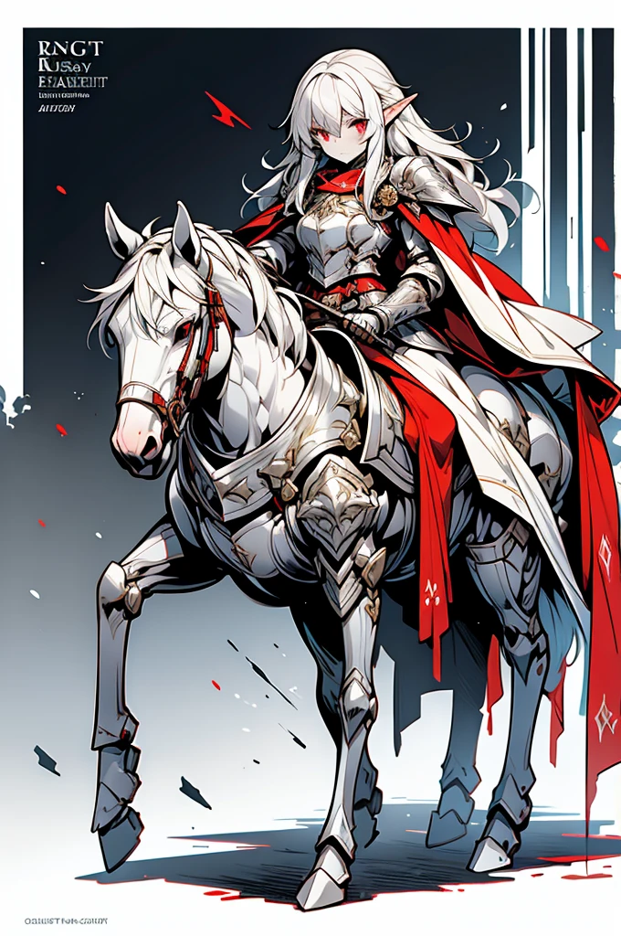 female half elf knight, full body art, silver hair, white skin, red iris eye, knight full plate adorned armor, silver cape, perfectly detailed, mounted on a armored horse.