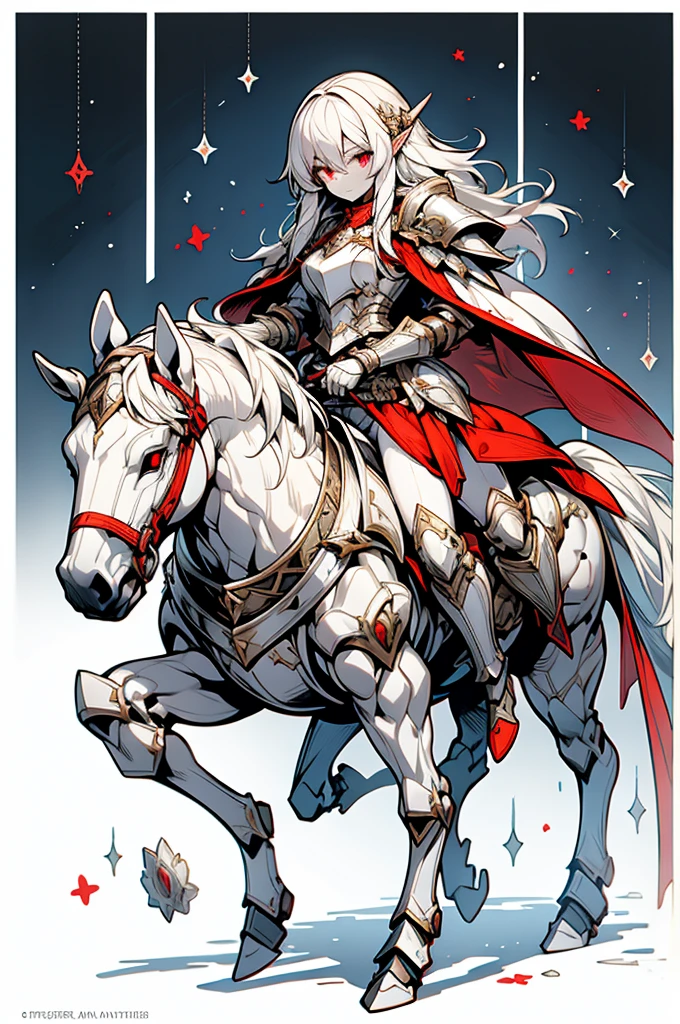 female half elf knight, full body art, silver hair, white skin, red iris eye, knight full plate adorned armor, silver cape, perfectly detailed, mounted on a armored horse.