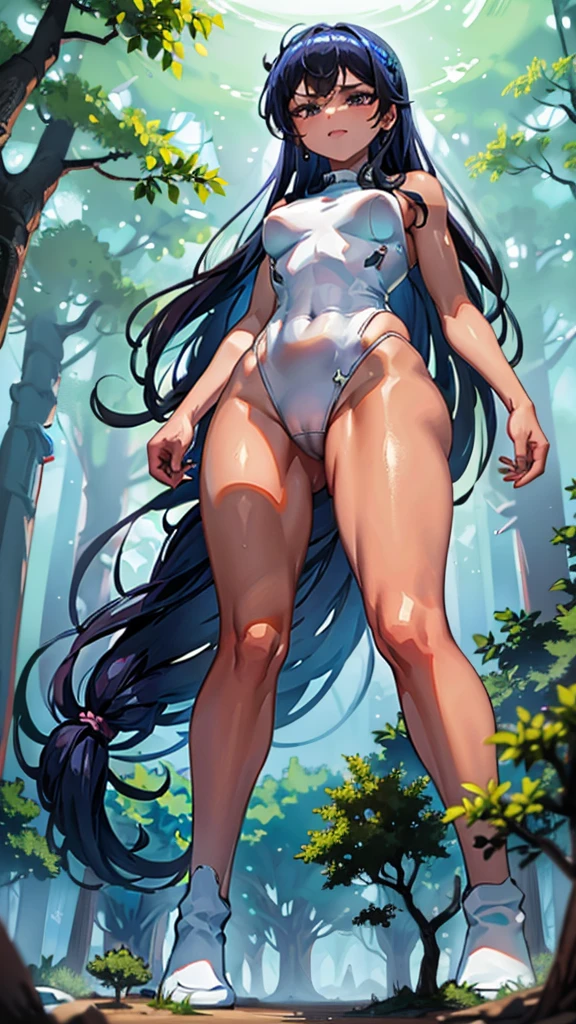In a forest of large trees there is an even larger Amazonian giantess, with brown skin, black hair, thin, with clothes of the forest, and with very long legs, she is looking for small human invaders of the forest to destroy them so that they do not disturb the peace of the forest.. Giantess, goddess, hot, black skin, tall legs, sexy, tiny people, tiny humans, crush, forest, trees, standing