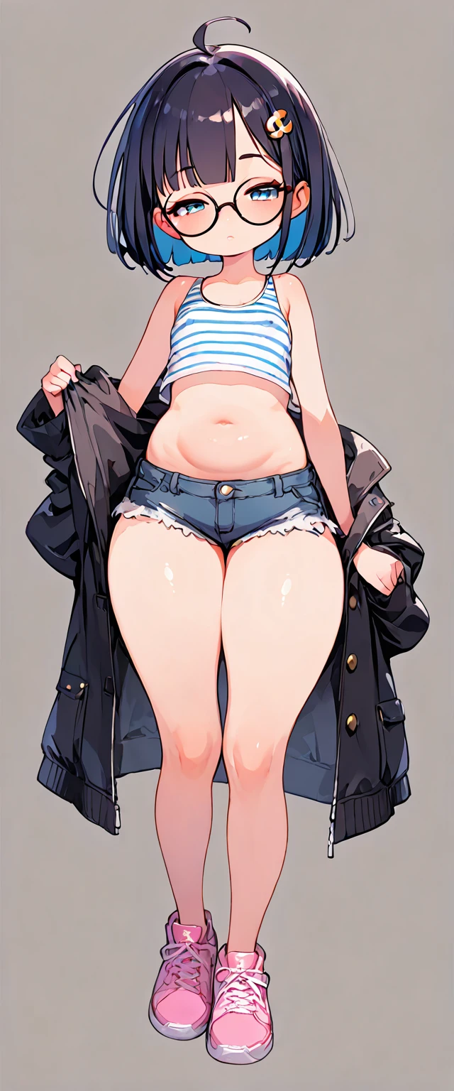 (masterpiece), (best quality), ((ultra-detailed)), (high resolution), (an extremely delicate and beautiful, super fine illustration), official art, BREAK (1girl), (:1.8), (tiny girl:1.6), (8yo)lat chest:1.4), (Plump:1.2), (thick stomach:1.2), (Thick thighs:1.8), (big ass:1.5), erect nipples, Huge areola, large nipples, (long nipples:1.4), erect nipples, oily skin, BREAK droopy eyes, (emerald blue eyes:1.3), (bad mood:1.5), (clear face:1.5), (half closed eyes:2.1), BREAK (bob cut:1.3), tired hair, messy hair, blue colored inner hair, Black hair color, (girl wearing round black glasses), BREAK (blue striped cropped white tank top:1.7), (cropped black jacket:1.6), (micro shorts:1.5), (pink sneakers:1.4), (front view:1.5), full body,
