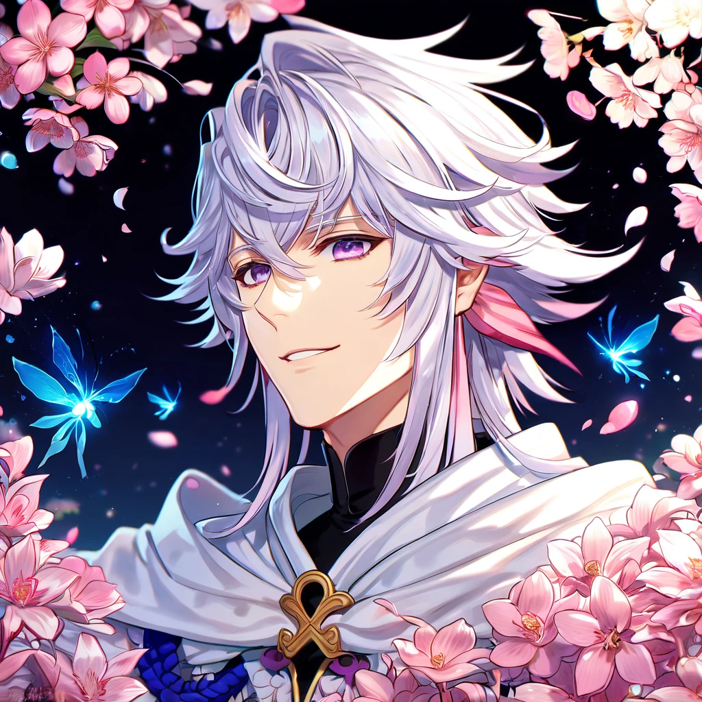 Ultra detailed, highres, absurdres, HDR, master piece, Merlin, white hair, expressivee purple eyes, white tunic, Fate Grand Order, fantasy, pink petals, water, pink flowers, handsome, sexy man, solo, best quality, blossoms, blue shining fireflies, handsome smile, 1 man only, magical