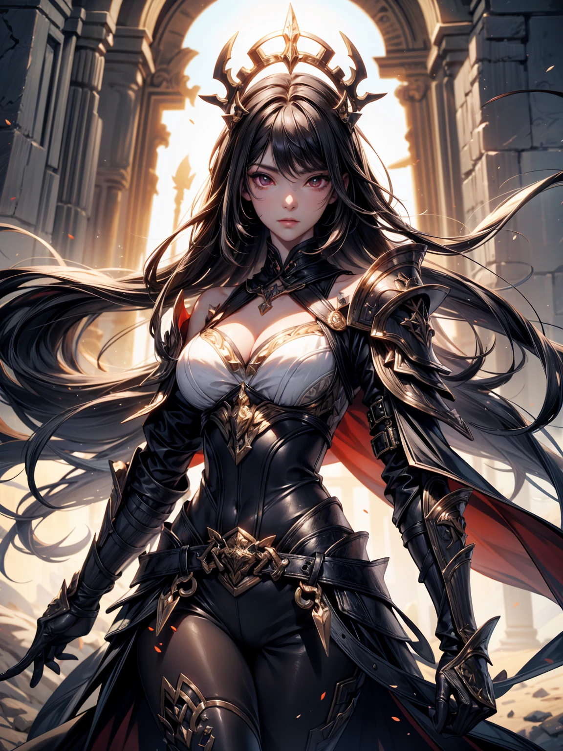 (((masterpiece, best quality, high detailed, 8k))) A breathtakingly beautiful warrior with long, flowing black hair and intense red eyes, wearing a magnificent black dragon armor. The armor is intricately detailed, featuring a dragon's head on one shoulder pauldron, scales, and claw motifs throughout. She wields a highly detailed, flaming sword. The scene is set in a cinematic fantasy environment with dramatic lighting. The atmosphere is filled with a mystical haze, illuminated by the glow of the flaming sword and ambient light reflecting off the armor's details. The ground is reflective, creating a mirrored effect that adds to the surreal, otherworldly ambiance. The background features ancient ruins partially engulfed in shadows, enhancing the sense of epic fantasy. Every element, from the warrior's armor to the environment, is rendered with extreme image quality and attention to detail.