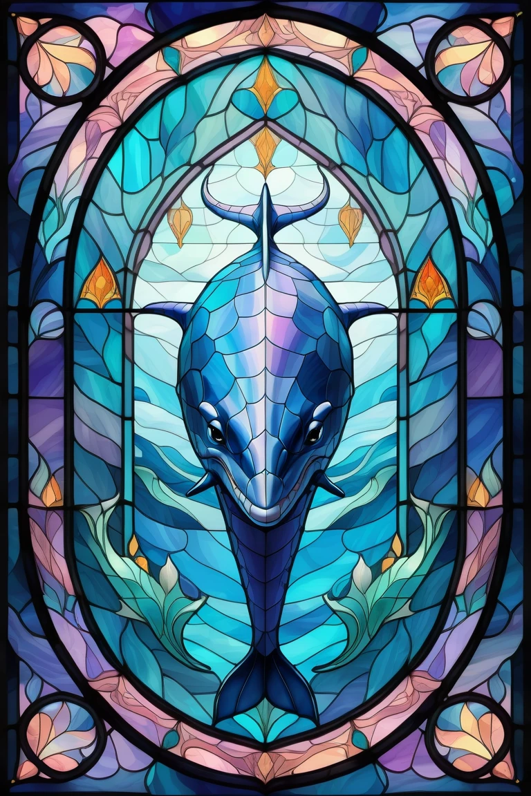 2D Stained Glass soft,pastel colors,blue whale in window frame. dungeons and dragons art. symmetrical design, in the style of stained glass. Digital stained glass style. pastel color scheme