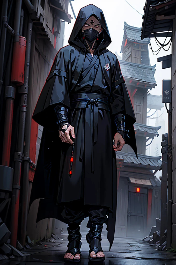 arafed hooded man in a black robe standing in a dark alley, wearing dark robe, hooded cloaked sith lord, wearing dark robes, wearing a black robe, wearing black robe, mystic ninja, wearing black sith robes, samurai jedi, dark flowing robe, cyberpunk samurai, dark robe, artwork in the style of guweiz