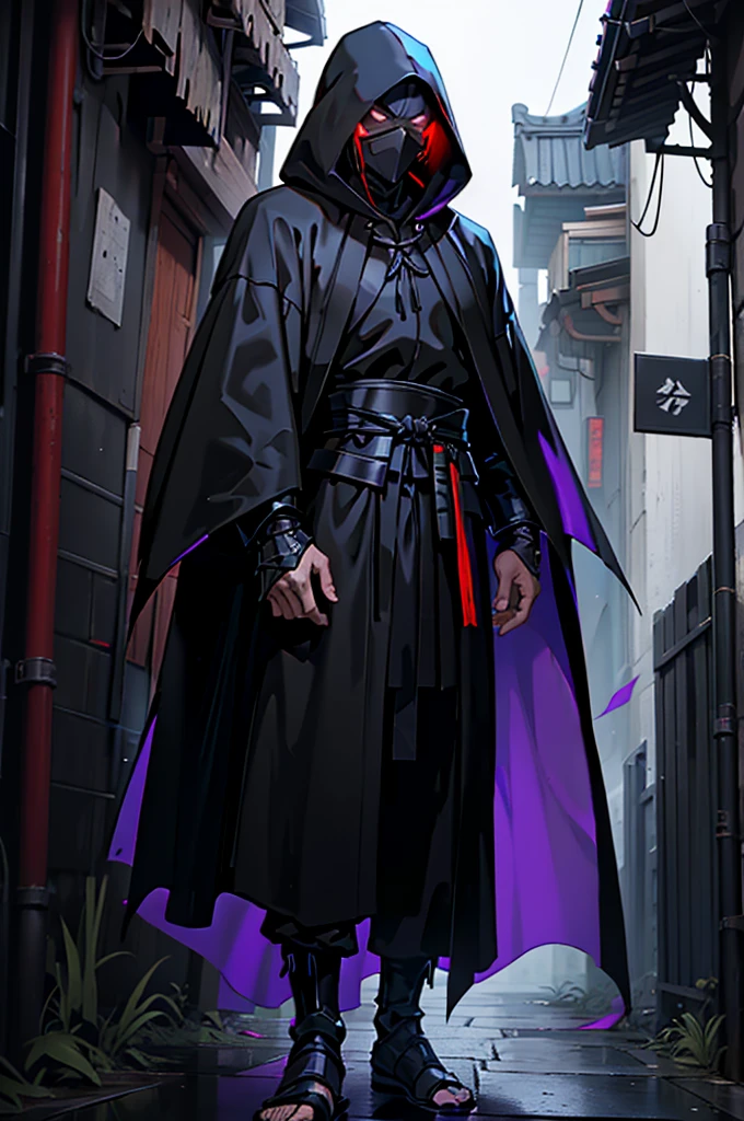arafed hooded man in a black robe standing in a dark alley, wearing dark robe, hooded cloaked sith lord, wearing dark robes, wearing a black robe, wearing black robe, mystic ninja, wearing black sith robes, samurai jedi, dark flowing robe, cyberpunk samurai, dark robe, artwork in the style of guweiz