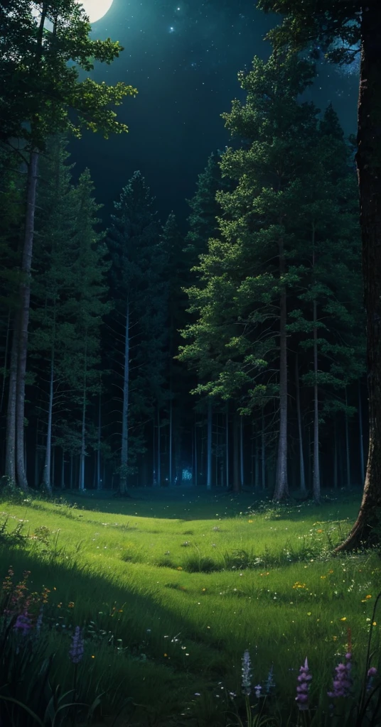 comforting meadow in a lush forest at night. dark, dark colors, peaceful atmosphere