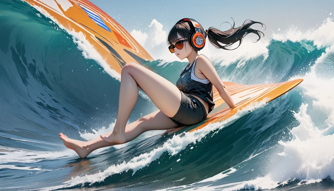 (((8K, Masterpiece, high resolution, highest quality, highest quality real texture skin))), (((whole body))), ((wearing Japanese pattern headphones)), (((1 girl))), (((Surfing))), ((sunglasses)), (Japanese pattern Tシャツ, super mini shorts), (Black shiny hair, beige skin, ponytail), (surreal, digital painting)
