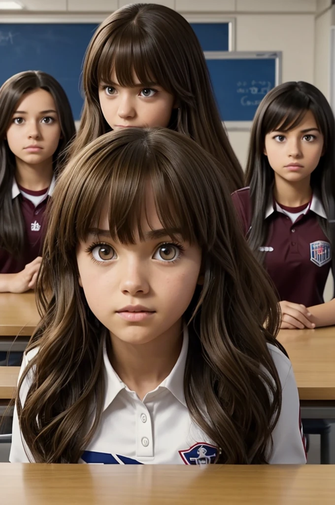 Screenshot of my hero academia. Girl with long, dark brown wavy hair with bangs. He has honey colored eyes and has a serious expression.. She is wearing the UA uniform and in the background there is a UA school class and she is sitting at a table. 