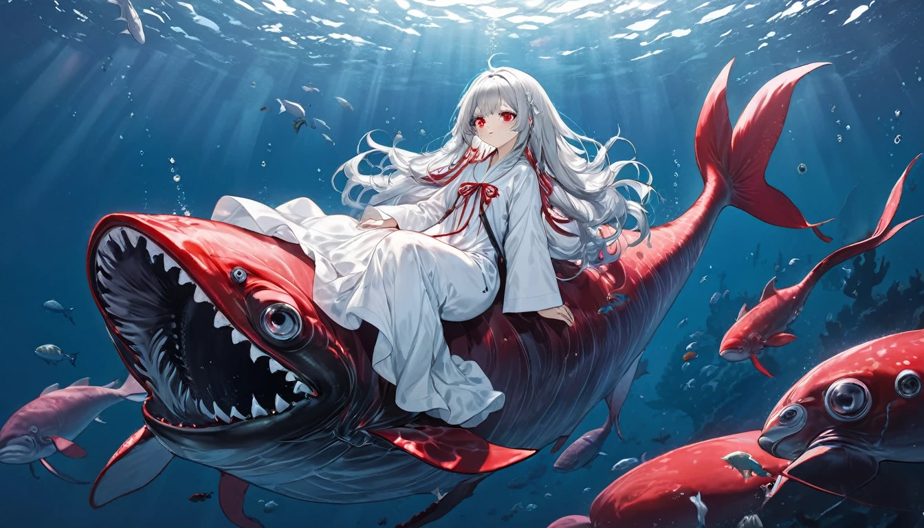 (Deep sea diving style), (biggest Deep Sea Creatures) and (one girl), (10 yo silverhair long hair alluring girl, detailed red eyes), in a white robe, (Drifting in the deep sea), break, (in the deep sea, background a abyss), BREAK, perfect anatomy, masterpiece, best quality, 16k, beautiful detailed deep abyss, daydreaming expression