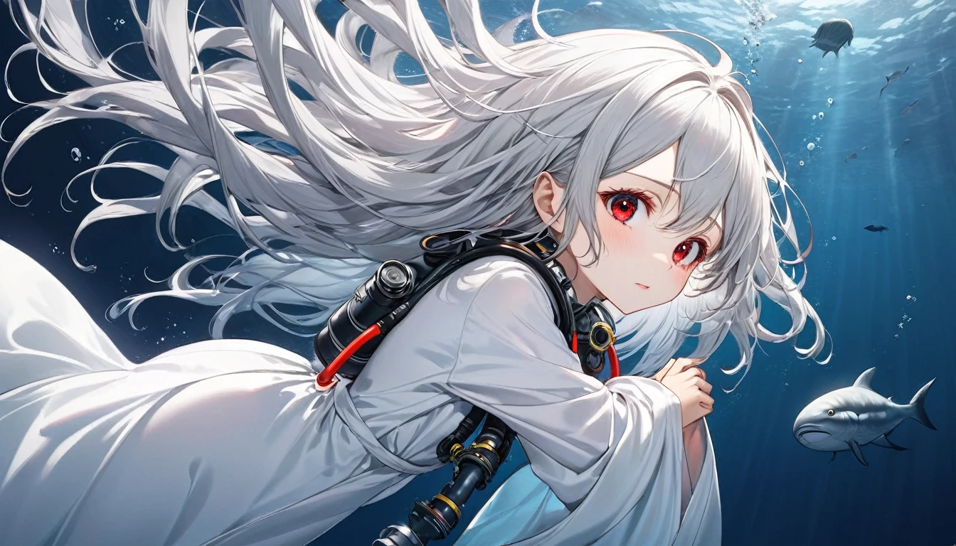 (Deep sea diving style), (biggest Deep Sea Creatures) and (one girl), (10 yo silverhair long hair alluring girl, detailed red eyes), in a white robe, (Drifting in the deep sea), break, (in the deep sea, background a abyss), BREAK, perfect anatomy, masterpiece, best quality, 16k, beautiful detailed deep abyss, daydreaming expression
