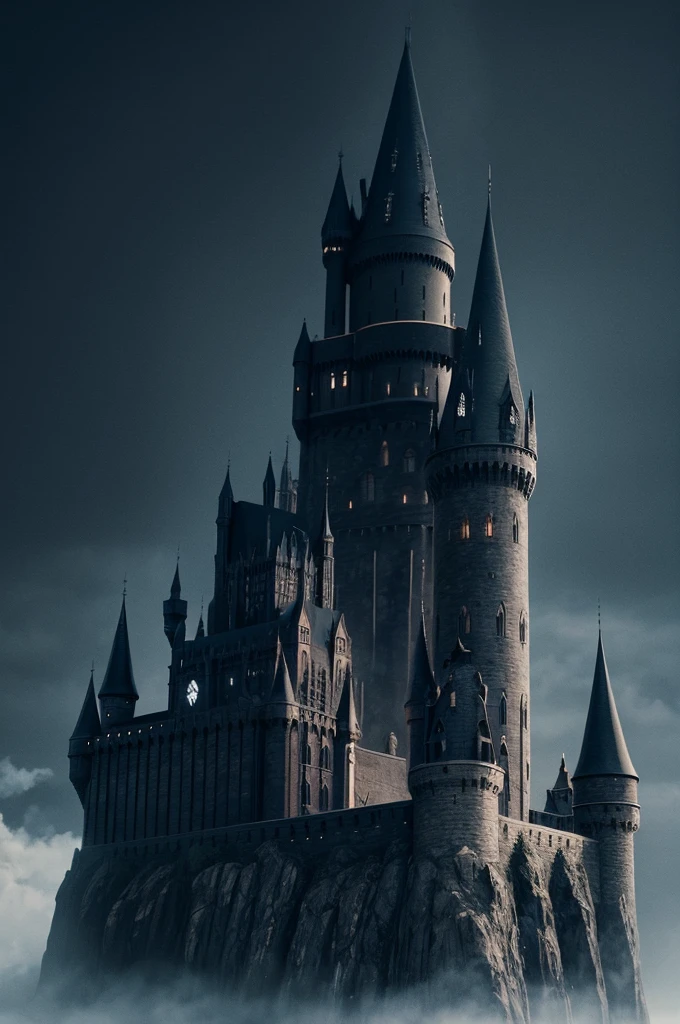 create a wizard castle, with dark tones and black, the castle is big and is inspired by Harry Potter.