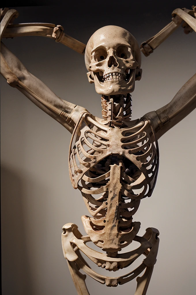 watercolor painting of a human skeleton with 3 ribs raising its arms and its head looking upwards as if it were taking in the light against a black
background