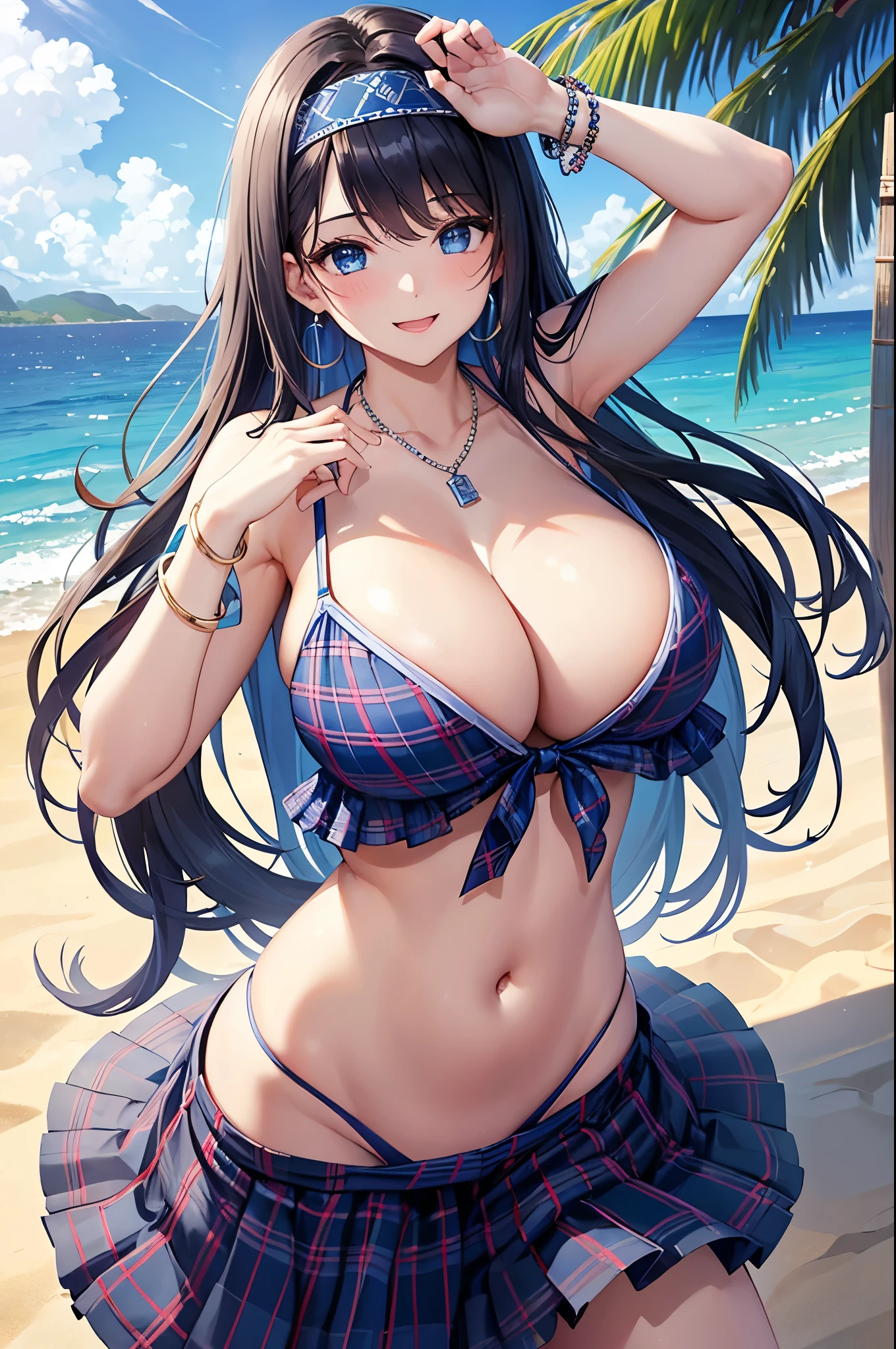 Highest quality、Highest quality、masterpiece、(8K),Beauty(Age 25)、Navy blue long hair、blue eyes、Sexy Bikini(Plaid)、Big cleavage、(Big Breasts)、smile、blue necklace、Blue Earrings、background(Beach)、Please open your mouth wide、White headband、bracelet、Dynamic pose
