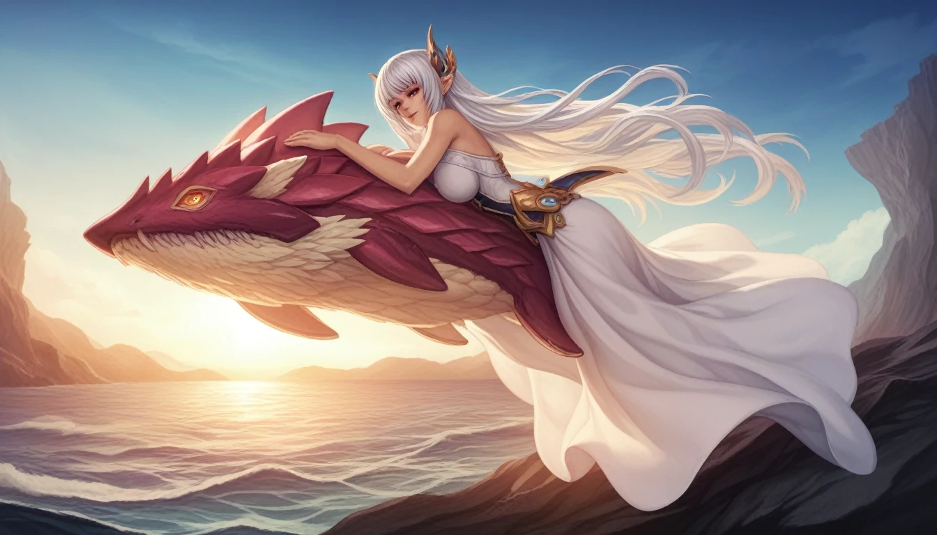 (Deep sea diving style), (biggest Deep Sea Creatures) and (one girl), (10 yo silverhair long hair alluring girl, detailed red eyes), in a white robe, (Drifting in the deep sea), break, (in the deep sea, background a abyss), BREAK, perfect anatomy, masterpiece, best quality, 16k, beautiful detailed deep abyss, daydreaming expression