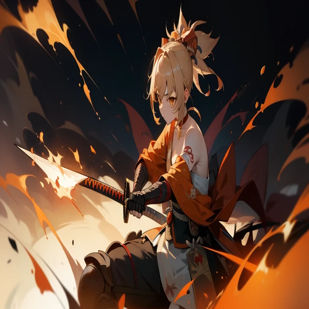 1 Girl, shape, Evening Shrine, knife, sword, warrior, armor, Blood, Battle scars, god, force, fire, combustion, Boss Fights, dark, bad, forceful, war,masterpiece,（Best image quality）,炎を纏ったknife,Shining blade