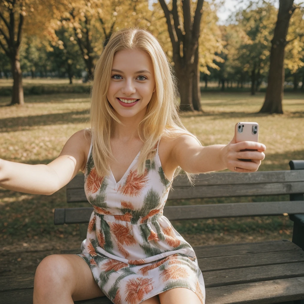 1girl, photorealistic, (((ugly face:1.5))), (((photorealistic))), (((raw photo in sequence))), (((natural lights))), (((detailed background))), (((26 to 35 years old))), (((upper body and upper legs))), (((detailed face))), photo_(wide), realistic, (((Caucasian woman))), (((long white blonde hair))), (((Caucasian nose))), (((Caucasian green eyes))), (((Caucasian face))), (((Caucasian lips))), (((sexy body))), (((wearing printed dress))), (((outdoor autumn photo))), slender, different poses, smiling, wide shot, upper body and upper legs shot, (((selfie shot))), (((white blond))), (((straight hair))), ((sitting on bench))