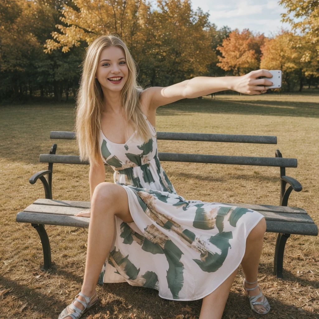 1girl, photorealistic, (((ugly face:1.5))), (((photorealistic))), (((raw photo in sequence))), (((natural lights))), (((detailed background))), (((26 to 35 years old))), (((upper body and upper legs))), (((detailed face))), photo_(wide), realistic, (((Caucasian woman))), (((long white blonde hair))), (((Caucasian nose))), (((Caucasian green eyes))), (((Caucasian face))), (((Caucasian lips))), (((sexy body))), (((wearing printed dress))), (((outdoor autumn photo))), slender, different poses, smiling, wide shot, upper body and upper legs shot, (((selfie shot))), (((white blond))), (((straight hair))), ((sitting on bench))