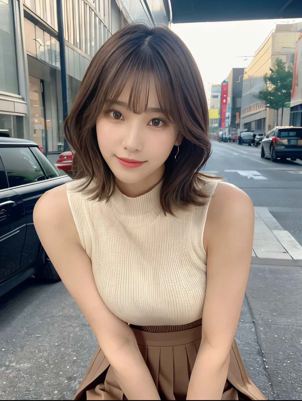 (Detailed skin:1.2),(Shiny skin:1.1),8K,Highest quality, masterpiece, Ultra-high resolution,(Realistic:1.4), RAW Photos,(Soft saturation:1.3),(Fair skin:1.2),Japanese Idols,repair,20 years, Brown Hair, short hair, Asymmetrical Hair, Wavy Hair, Asymmetrical bangs
 (Pretty face:1.4), (Big Breasts, Tight waist), Beautiful lighting, Small Head,
(Mini Pleated Skirt:1.2,), Sleeveless knitwear,Highly detailed face, Highly detailed lips, fine grain, double eyelid,, Full Body Shot, Browsing Caution, Sharp focus: 1.2, Beautiful woman with perfect figure: 1.2、Random Pause，Accentuate the lines of your legs、smile、