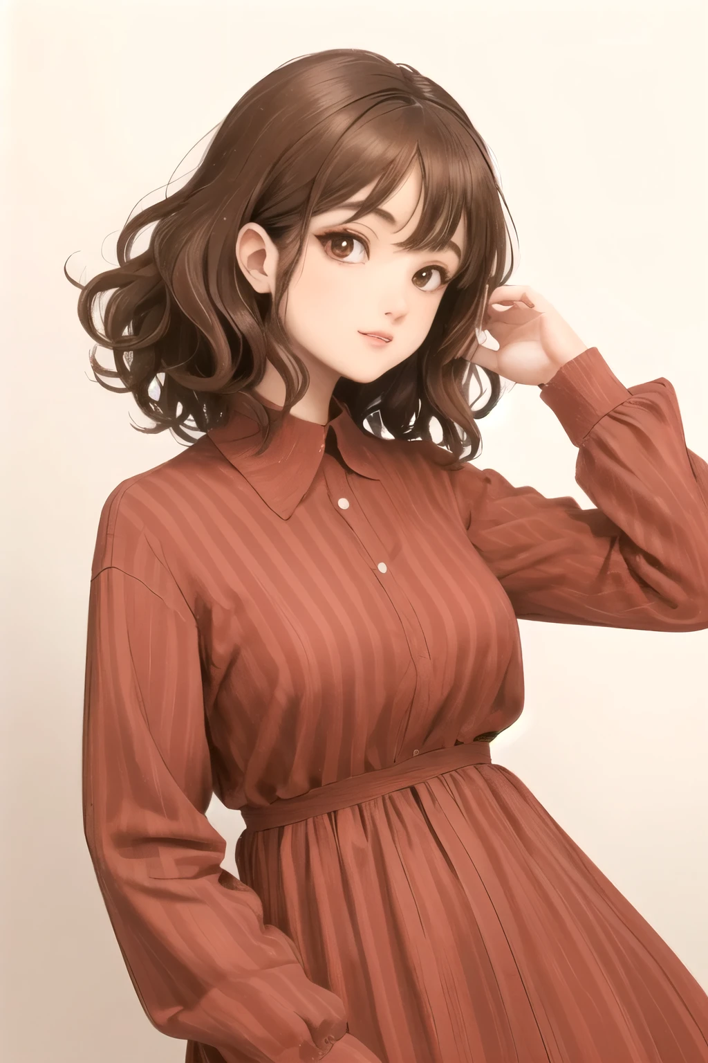 (Highest quality, masterpiece:1.2), sketch full view of a hot looking dark brown skin 29 year old woman standing in front of us. She has brown eyes and short, curly white hair.. She has vampire fangs. She has a beautiful curvaceous figure. She is wearing a plain slim buttoned long sleeve shirt dress. shadow background. sketch. shading. Lighting.She has a tan.