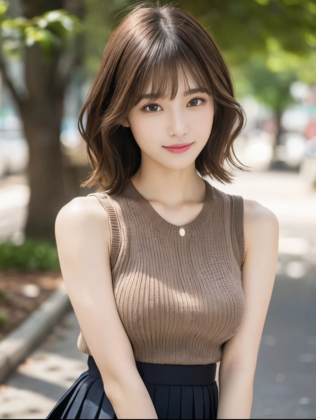 (Detailed skin:1.2),(Shiny skin:1.1),8K,Highest quality, masterpiece, Ultra-high resolution,(Realistic:1.4), RAW Photos,(Soft saturation:1.3),(Fair skin:1.2),Japanese Idols,repair,20 years, Brown Hair, short hair, Asymmetrical Hair, Wavy Hair, Asymmetrical bangs
(Pretty face:1.4), (Big Breasts, Tight waist), Beautiful lighting, Small Head,
(Mini Pleated Skirt:1.2,), Sleeveless knitwear,Highly detailed face, Highly detailed lips, fine grain, double eyelid,, Full Body Shot, Browsing Caution, Sharp focus: 1.2, Beautiful woman with perfect figure: 1.2、Random Pause,Accentuate the lines of your legs、smile、