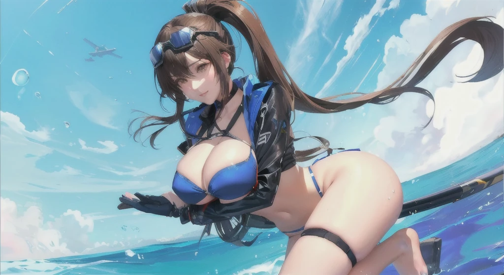 Wearing a bikini、Wearing goggles、Anime girl flying a jet, Azur route style, Fleet Collection Style, From the Azur Lane video game, OPPEIN, Attractive anime girl, Kantai Collection Arcade, Azur Lane Characters, Wearing a bikini的守望先锋追踪者, from Girls Frontline, captain, realistic bikini, Bad guy anime 8k, Fine details. Girls Frontline
