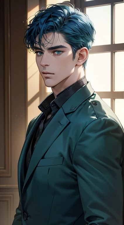 (best quality, masterpiece, 8K, photorealistic, cinematic lighting, hdr image, ultra detailed, beautiful image), 1 man, mature, very handsome, serious expression, short blue hair, green eyes, arranging suit