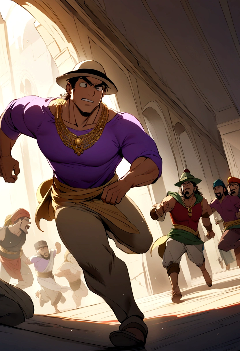 monkey with hat of Abu of Aladdin running with a gold necklace in hand, men chasing after,purple shirt