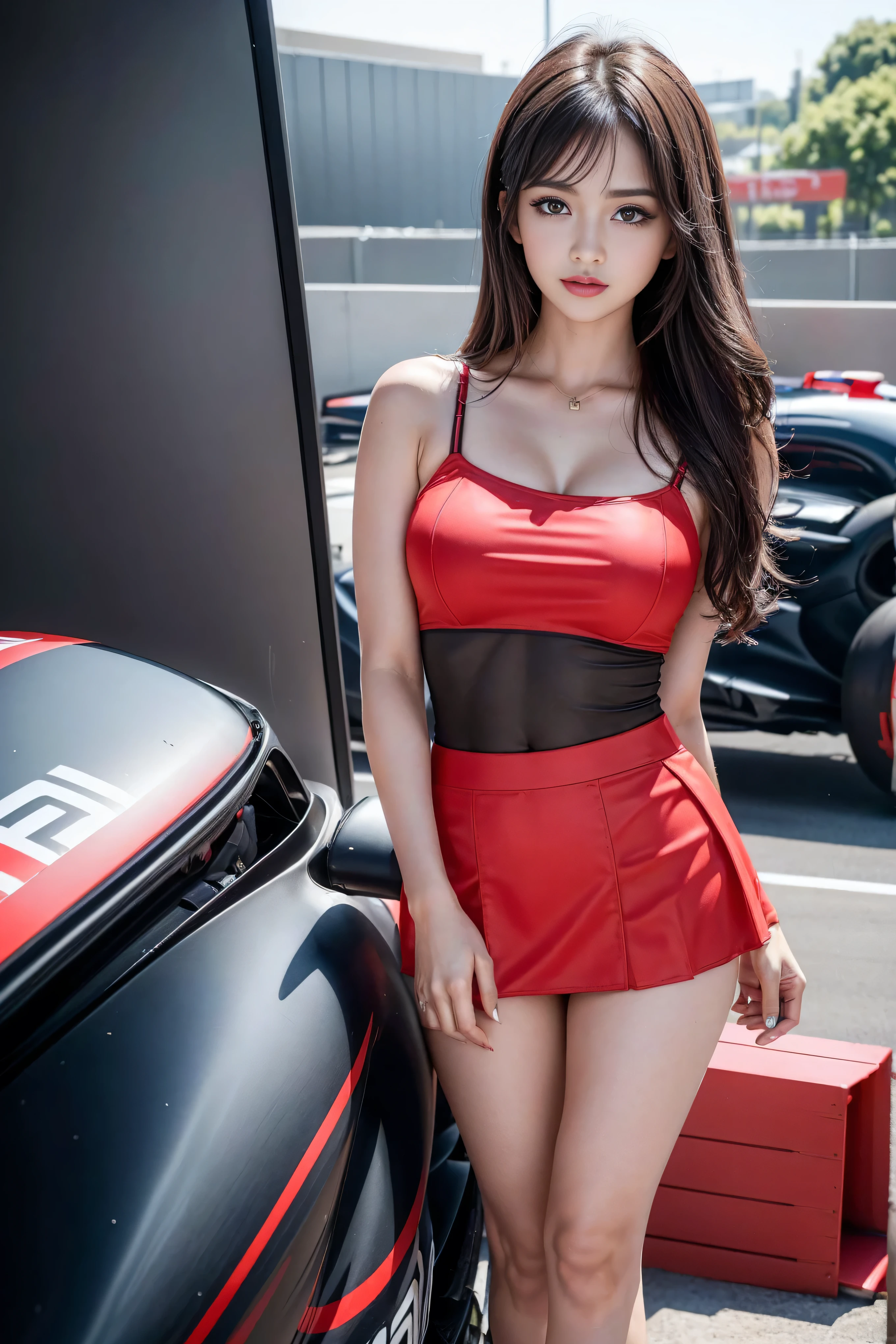 (masterpiece), ( MotoGP Racing Girls), (Eyeliner:0.5),(blush:0.5), Black Hair, A faint smile, Refers to a beautiful and delicate girl, Extremely detailed eyes and face, Beautiful and delicate eyes, , ((MOTOGP events)), (MotoGP track background), (best quality, high resolution, Reality, The original, 8K,masterpiece, ),(((Dynamic poses))),(((Midsection perspective))),(((Showing the underside of the chest ))),(((Red Mini Skirt Lift))),(((Bare inner thighs))),(((Formula One cars on display))), (Vibrant colors:1.2), (Beautifully),