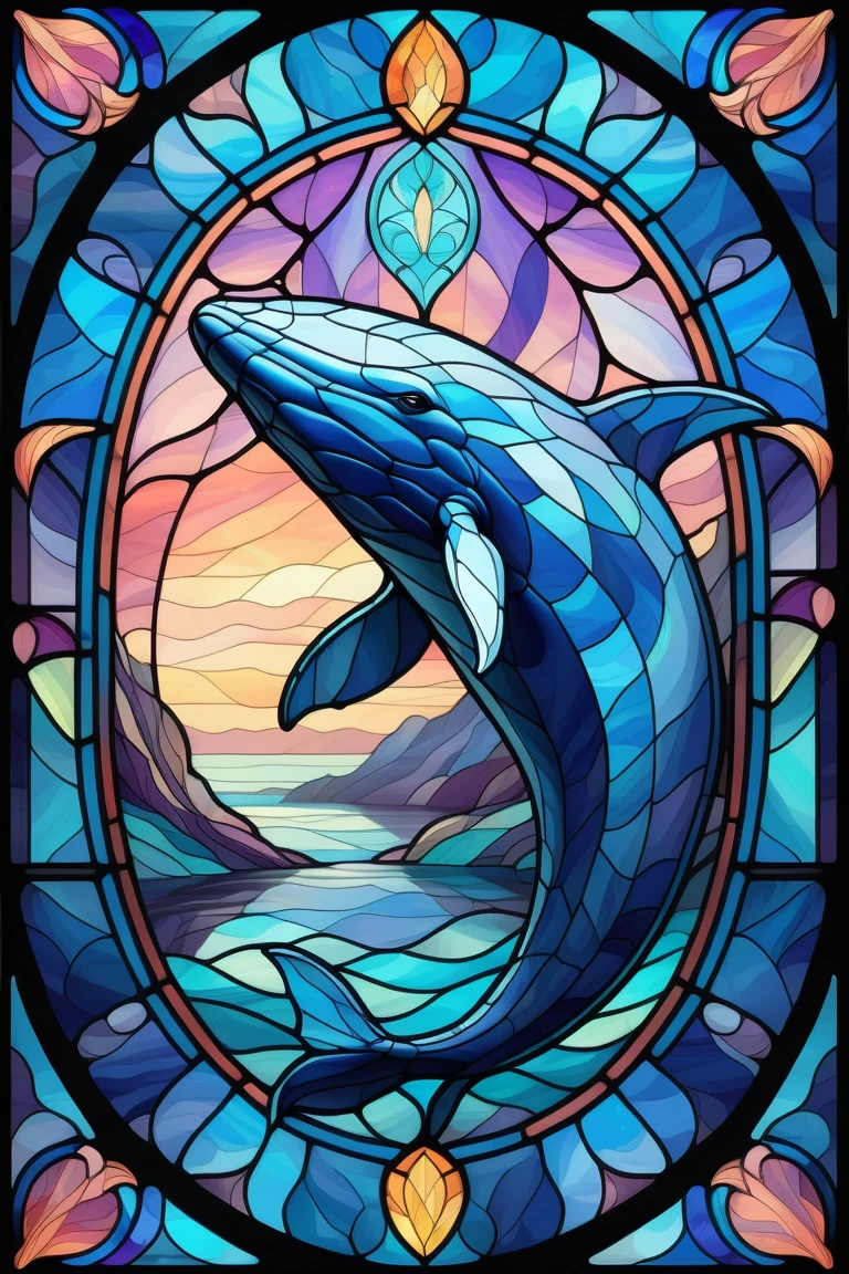 2D Stained Glass soft,pastel colors,blue whale in window frame. dungeons and dragons art. symmetrical design, in the style of stained glass. Digital stained glass style. pastel color scheme