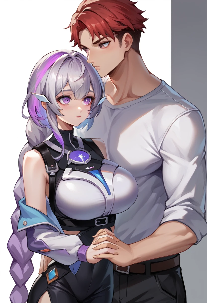 yinji,1 girl and one boy back to back poses,purple_hair,purple_Eye,Very_long_hair,grey_hair,Braided_Ponytail,big breast, Red hair boy，Wearing a white shirt，Very handsome red hair boy，With purple hairHolding Hands，  ,   slope_hair, , The background is dreamy