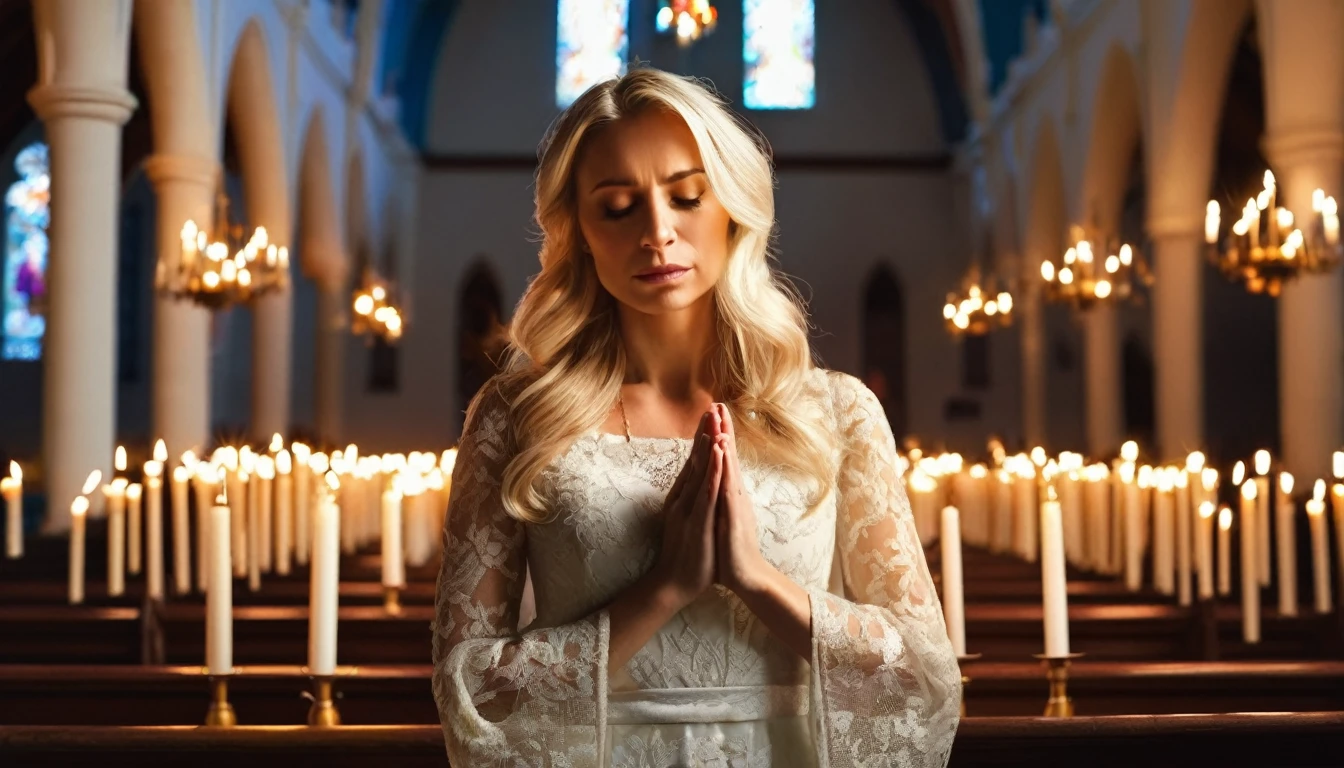 portrait of a blonde woman with her eyes closed and hands clasped in prayer in church, catholic dress, woman standing in the center of the picture, magical scene