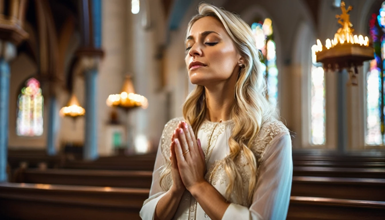 portrait of a blonde woman with her eyes closed and hands clasped in prayer in church, catholic dress, woman standing in the center of the picture, magical scene