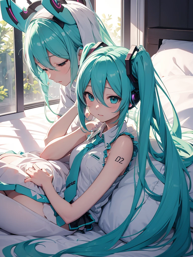 Super beautiful girl，Naked，Lie down in bed，Not wearing any clothes，The room was bright，and the sun was shining brightly，Visible curtains，The girl's body proportions are perfect, small and cute，Anime two-dimensional style beauty，Anime style，2D，The girl has turquoise eyes，long  white hair