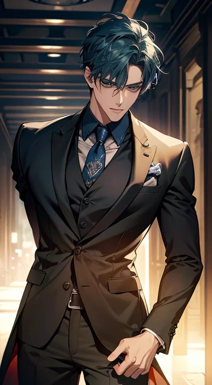 (best quality, masterpiece, 8K, photorealistic, cinematic lighting, hdr image, ultra detailed, beautiful image), 1 man, mature, very handsome, serious expression, short blue hair, green eyes, arranging suit