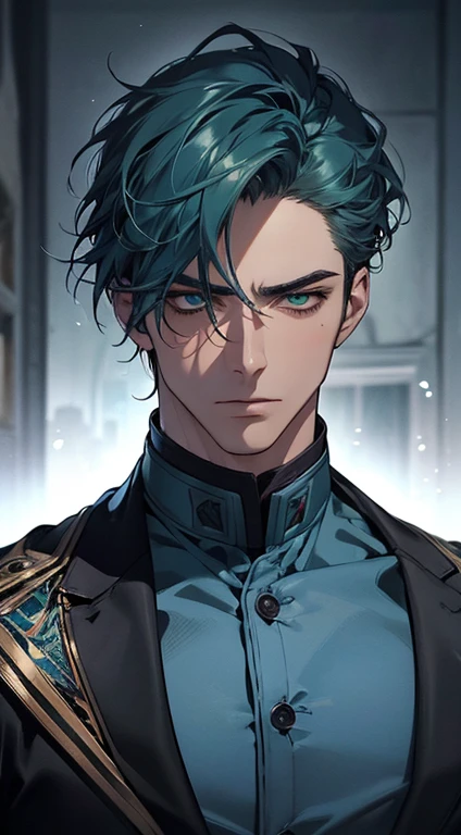 (best quality, masterpiece, 8K, photorealistic, cinematic lighting, hdr image, ultra detailed, beautiful image), 1 man, mature, very handsome, serious expression, short blue hair, green eyes, arranging suit