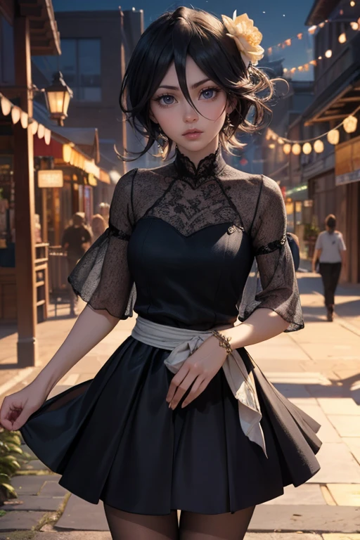 Rukia Kuchiki_(Bleach), ornament hair, black hair, long hair, 1 girl, Looking at the viewer, flowing hair, Beautiful Eyes, Plump and glossy lips, Idol, dress with too many frills, black dress, gold laces, black Short skirt, Drape clothes, red gem, Lace trim, traditional japanese style, oriental architecture, lux garden, garden scene, luxury gold details, gold jewelry, more details, best quality, Big sparkling eyes, blushing, Striped Lace Stockings, black ****ta skirt, sparkle, solo, centered girl, cowboy shot, perfectly body, perfectly hands, two arms, two legs, two hands, five fingers, perfect anatomy, glowing hair, red roses, 1girl, dress, solo, flowing hair, floating hair, ornament hair, perfectly body, perfectly hands, on the grass, sparkles, more details on her clothes, dress with transparency, golden details on her dress, night, holding a white katana, Best quality, cleavage, small skirt, full Body, two arms, two legs, two hands, five fingers, ((4k, masterpiece, top-quality)), 8k, best quality, high resolution, UHD, (illustration:0.8), super cute girl, delicate and beautiful face, mature girl, super cute hairstyle, (beautiful detailed eyes:1.6), extremely detailed face, perfect lighting, extremely detailed CG, (perfect hands, perfect anatomy)