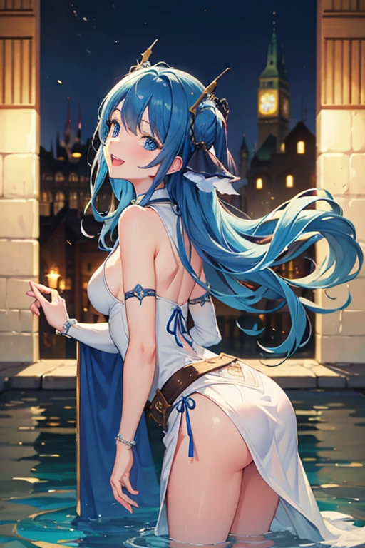 Best Quality, (Masterpiece:1.1), detailed, 4k, 8k, sharp focus, outdoor, cheered up, Fancy, (medieval:1.6), fountain, blurred background,
standing, SMILE, Open mouth, doll coat, sleeveless, small breasts, clavicle, leaning forward, fairy dress, belt, Sales, (from behind:1.2), looking at the viewer, tilted head,
lafanpan, Blue eyes, He drowned, 1 girl, double tail, blue fur, wide,