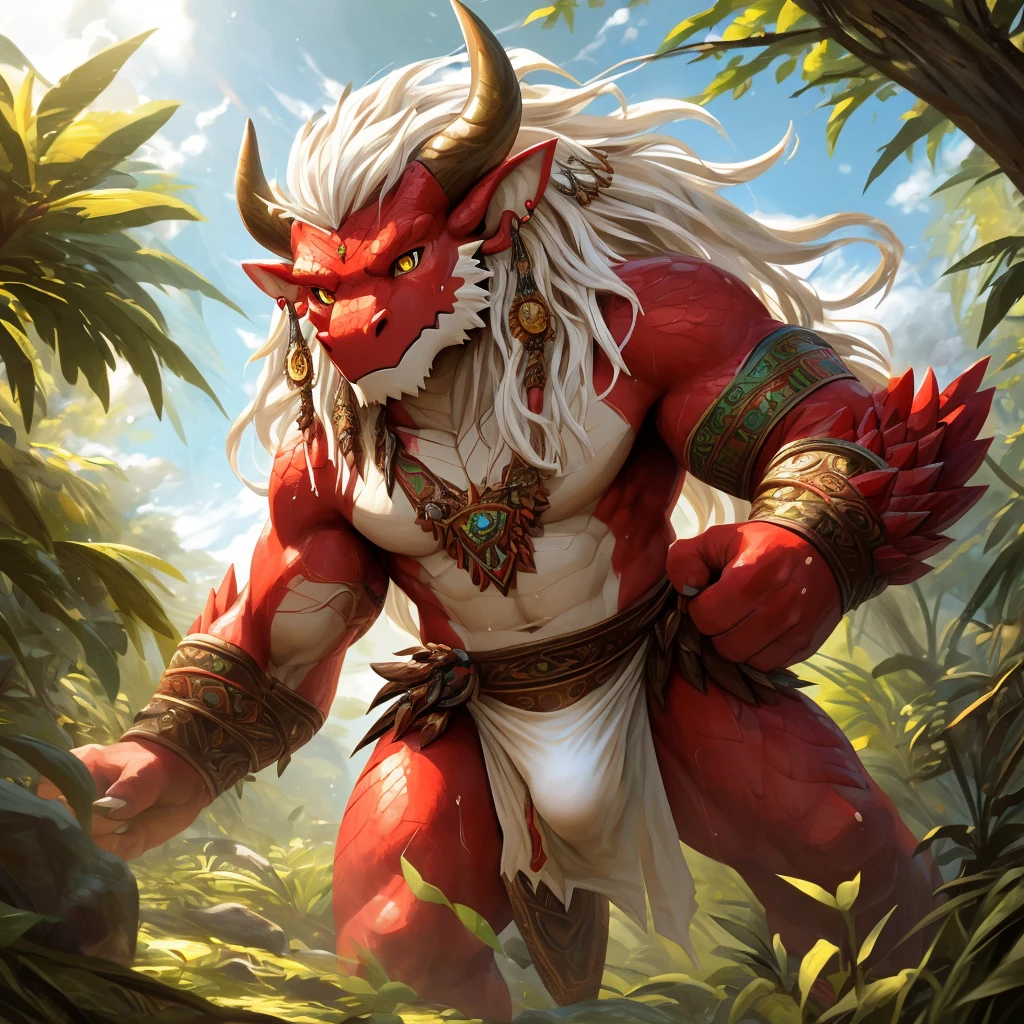 ultra-detailed, masterpiece, masterwork, high quality, best quality, hdr, (nature), nsfw, male, solo, dragon, chibi, ((nude)), (little red body minotaur), (white body), (long golden hair, yellow eyes), sitting, front view, from below, dynamic angle, (micropenis, foreskin, perfect balls, male urinate, peeing), earrings