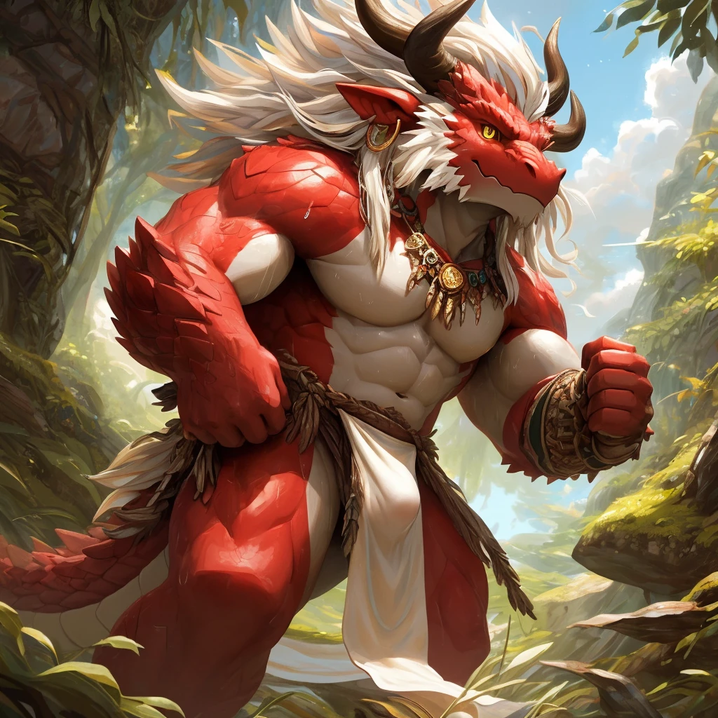 ultra-detailed, masterpiece, masterwork, high quality, best quality, hdr, (nature), nsfw, male, solo, dragon, chibi, ((nude)), (little red body minotaur), (white body), (long golden hair, yellow eyes), standing, front view, from below, dynamic angle, (micropenis, foreskin, perfect balls, urinate, peeing), earrings