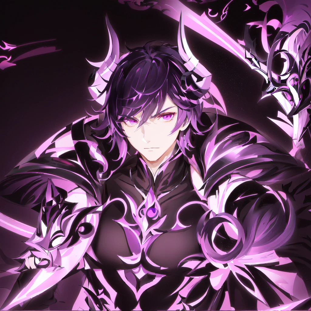 Anime character with violet black hair and pink eyes holding a sword, the former demon king, Beautiful male god of death, genshin impact zhongli, genshin impact character, male demon, Retrato onmyoji, anime key art, Evil and devious male, detailed anime key art, héroe 2 d fanart artstation, white armor