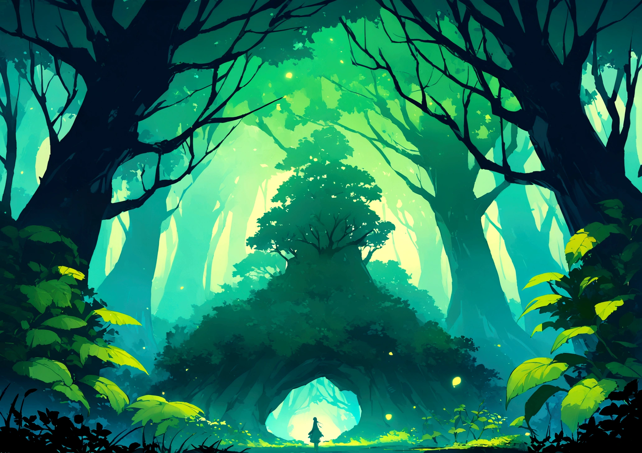 Create a high-quality, 1920x1080 pixel fantasy-style anime forest scene from a human viewpoint, as if the viewer is looking through a person's eyes. The forest should be lush and vibrant, filled with various shades of green. Focus on the beauty of nature, with dense trees, mystical plants, and a magical ambiance. Ensure there are no characters, just the serene and enchanting scenery of the forest, capturing the essence of an otherworldly, tranquil environment.