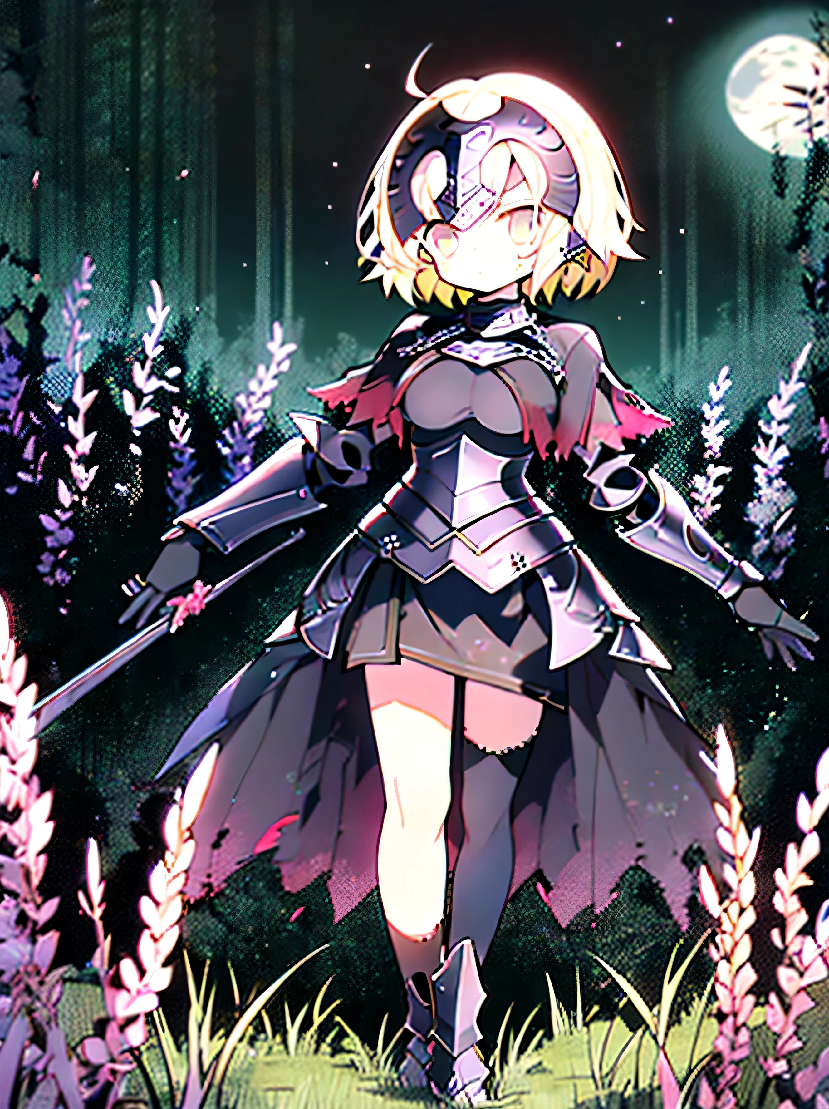 absurdres, uhd, ((masterpiece)), (((HDR))), ((best quality)), (ultra high quality), (hi-res), ((1girl)), solo, (A2nd, 1.1Clothing), short blonde hair, straight hair, headpiece, armor, skirt, leg armor, perfect body, perfect anatomy, large breasts, annoyed expression, facing viewer, ((dynamic)), in a field, grass, castle ruins, night time, moon,